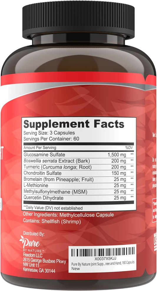 Pure By Nature Joint Support, Glucosamine With Chondroitin Turmeric Msm Boswellia Supplement, 180 Capsules