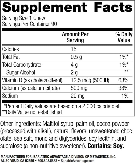 Bariatric Advantage Calcium Citrate Chewy Bites 500 Mg - For Bariatric Surgery Patients - Vitamin D3 - Sugar-Free Chewable Calcium Supplement - Bariatric Chews - Tropical Orange - 90 Count