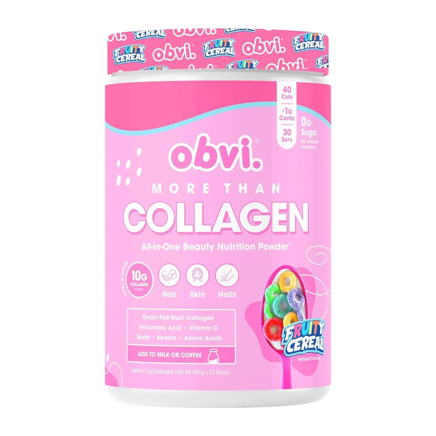 Obvi More Than Collagen Powder | Supports Healthy Hair, Skin, Nails, Joints, Gut | Grass-Fed Multi Collagen Supplement With Hyaluronic Acid, Biotin, Keratin | Fruity Cereal, 30 Servings