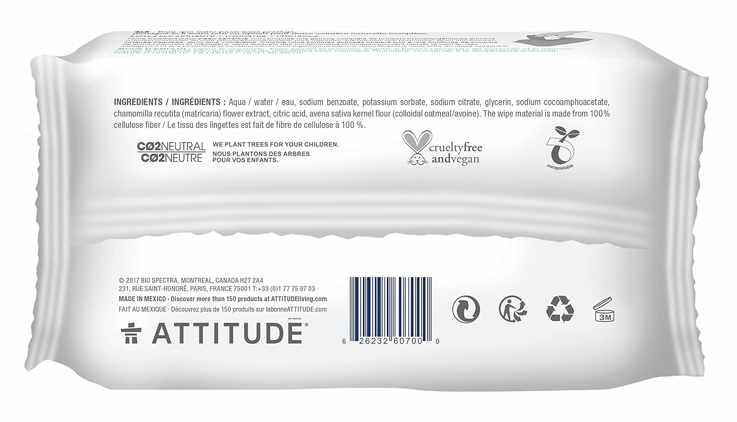 ATTITUDE Oatmeal Sensitive Natural Baby Care Wipes, Vegan and Cruelty-Free, Unscented, 72 Wipes (Pack of 6)