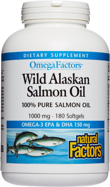 Natural Factors, Wild Alaskan Salmon Oil Provides Omega-3, EPA, DHA & Vitamin D, Supports Brain & Heart Health, 180 Count (Pack of 1)