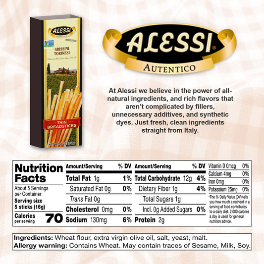 Alessi Imported Breadsticks, Thin Autentico Italian Crispy Bread Sticks, Low Fat Made with Extra Virgin Olive Oil, 3oz (Thin, 3 Ounce (Pack of 12))