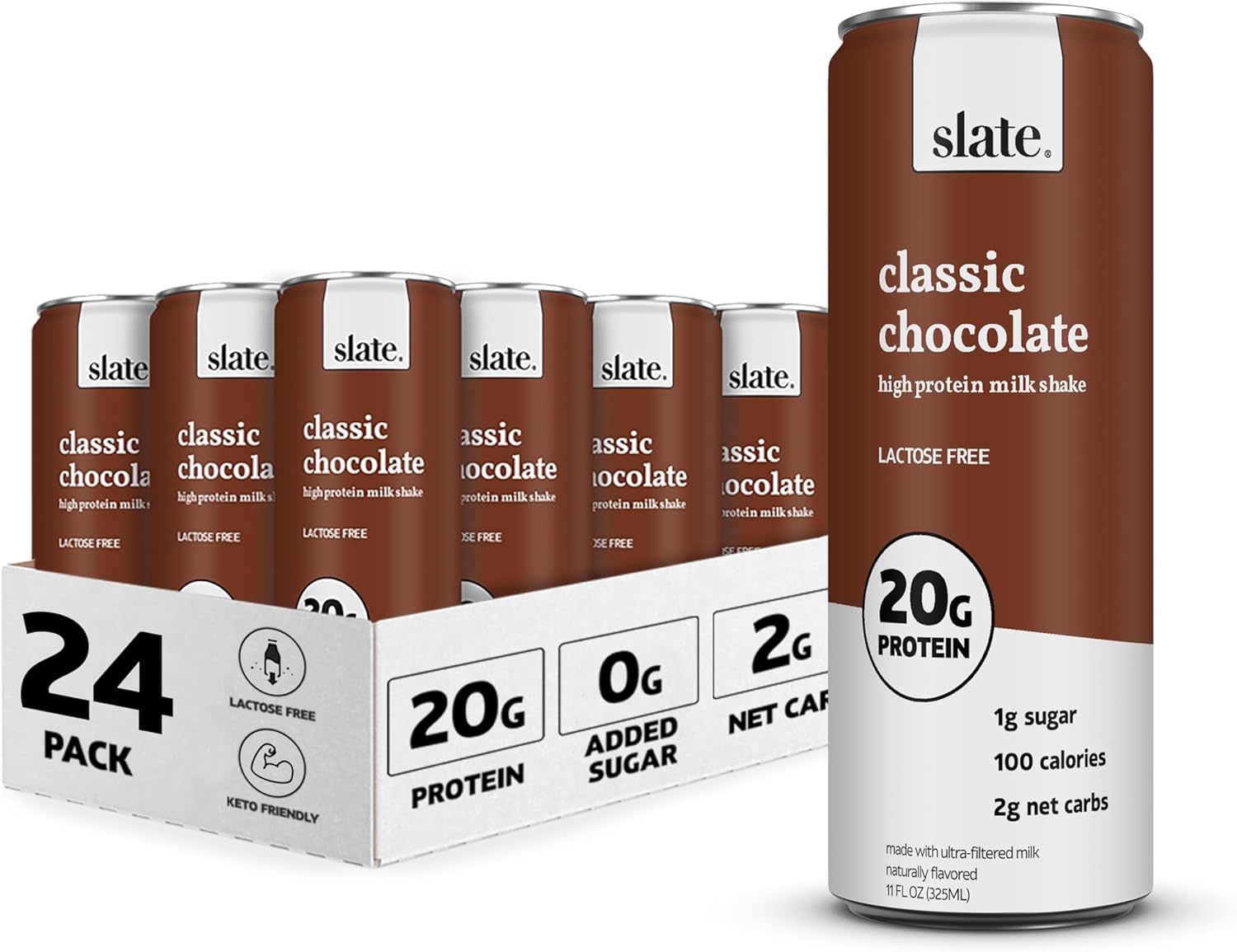 Slate Milk - High Protein Milk Shake - Classic Chocolate - Lactose Free, 20G Protein, 1G Sugar, 100 Calories, 2G Net Carbs, No Added Sugar - Natural, Breakfast Boost, Post Workout - 11 Fl Oz, 24 Cans