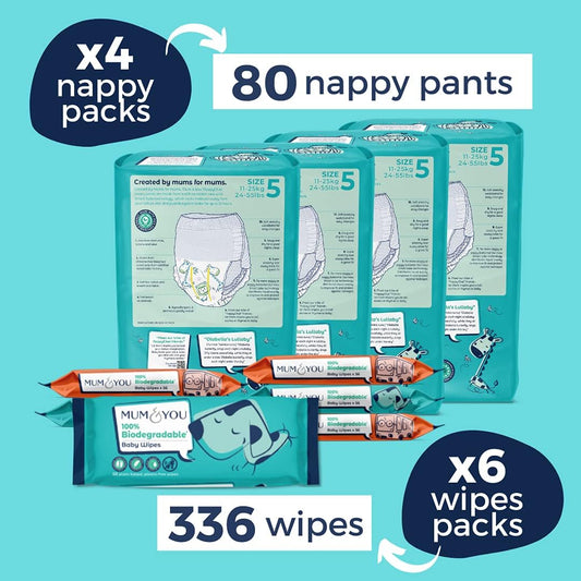 Size 5 Nappy Pant & Wet Wipe Value Bundle (4 Packs Of Pull-Up Nappies & 336 Wipes)