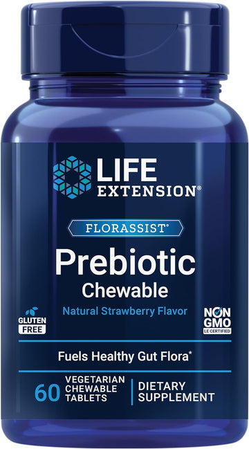 Life Extension Florassist® Prebiotic Chewable (Strawberry), 1000 Mg Xylooligosaccharides, Prebiotic Supplement Provides Fuel For Gut Flora, Gluten-Free, Non-Gmo, Vegetarian, 60 Chewable Tablets