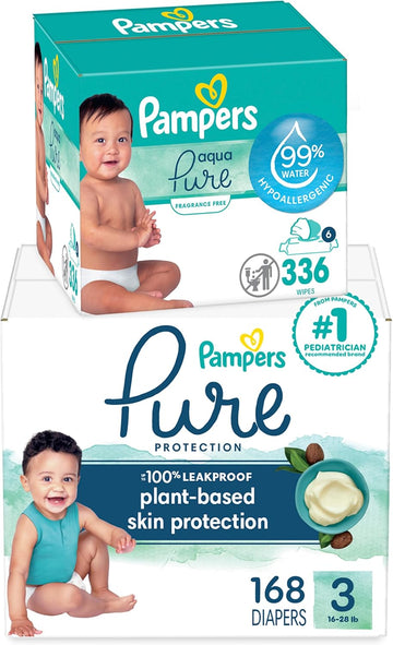 Pampers Pure Protection Disposable Baby Diapers Size 3, One Month Supply (168 Count) With Aqua Pure Baby Wipes, 6X Pop-Top Packs (336 Count)