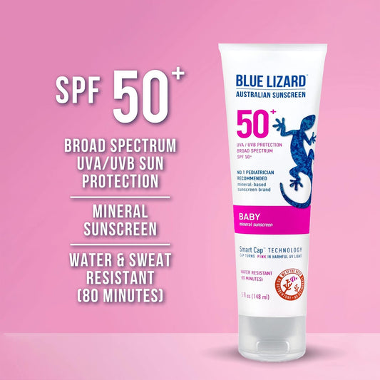 Blue Lizard Baby Mineral Sunscreen With Zinc Oxide, Spf 50+, Water Resistant, Uva/Uvb Protection With Smart Cap Technology - Fragrance Free, 5 Oz. Tube