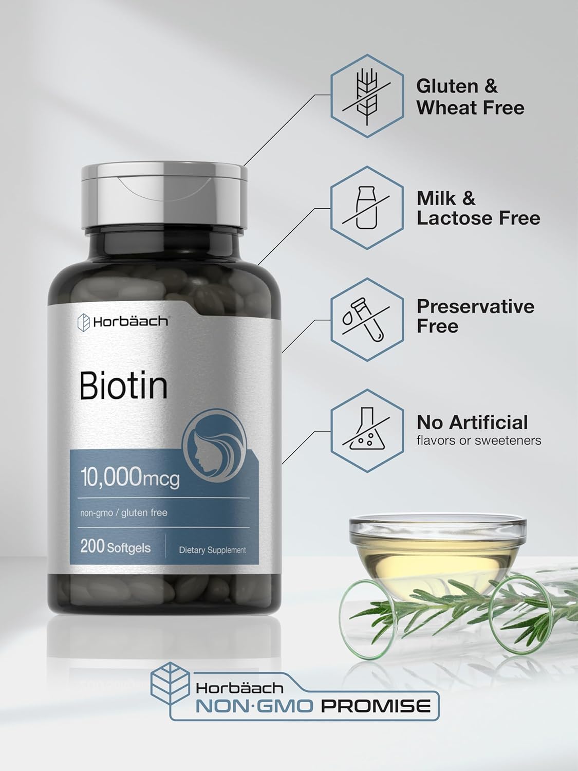 Horbaach Biotin 10000 mcg | 200 Softgels | Vitamin B7 Supplement | Non-GMO & Gluten Free : Health & Household