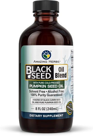 Amazing Herbs Black Seed and Pumpkin Seed Cold-Pressed Oil Blend - Gluten-Free, No Preservatives, High in Omega 3, 6, & 9, Improves Immune Respones & Promotes Digestive Health - 8 Fl Oz