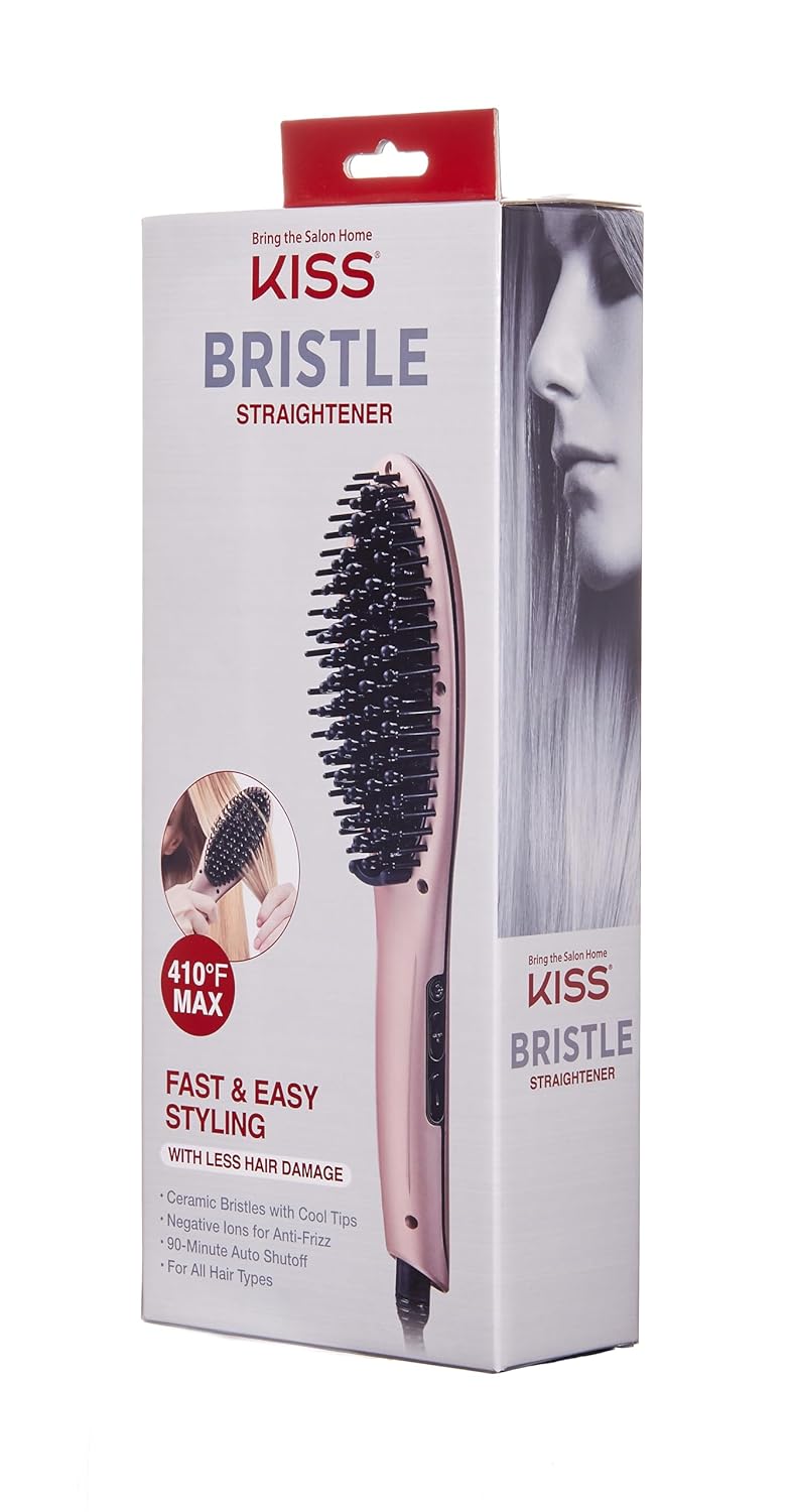 Kiss Bristle Hair Straightener Heat Brush, Digital Temperature Control Up To 410°F, 90-Minute Auto Shutoff, Cool-Tip Ionic Bristles, Lightweight Handle, 360° Swivel Cord, Pink, 1.25 Lbs : Beauty & Personal Care