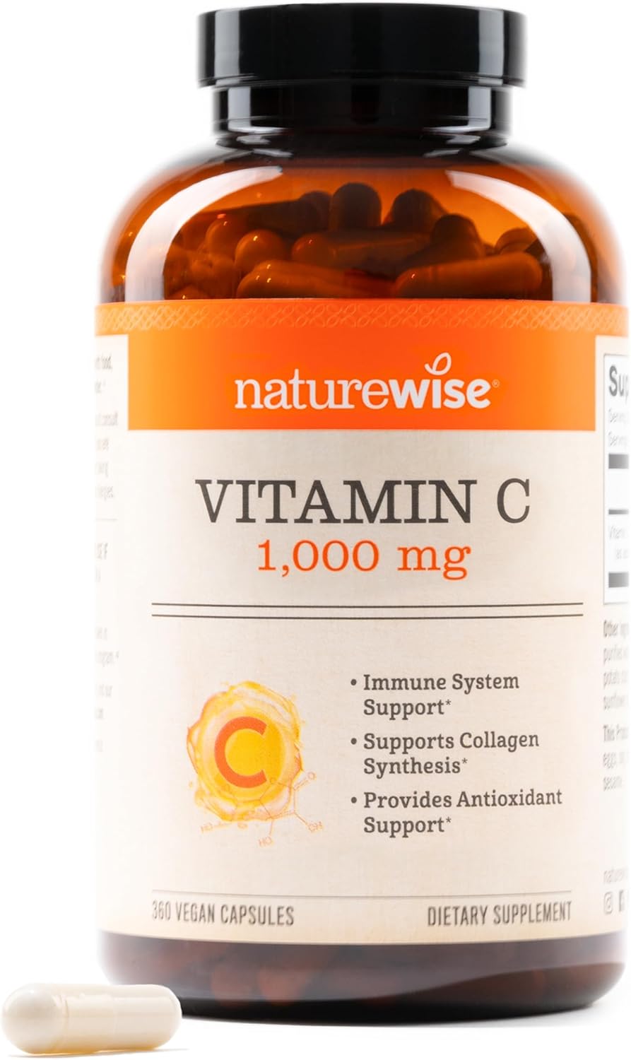Naturewise Vitamin C 1000Mg Capsules - Extra Strength Dietary Supplement For Daily Immune Support & Collagen Synthesis - Vegan, Non-Gmo, Gluten Free - 360 Count[1-Year Supply]