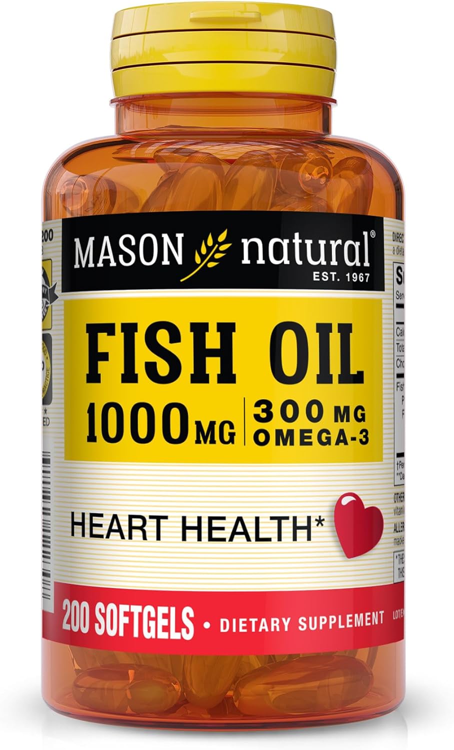 Mason Natural, Omega 3 Fish Oil 1000mg Softgels, Bonus Size 200-Count Bottle, Dietary Supplement Supports Heart, Eye, Brain and Joint Health with Omega 3 Fatty Acid Healthy Fats