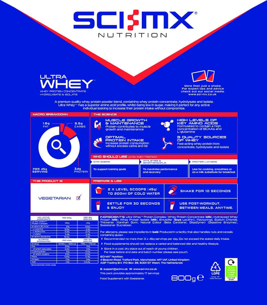 Sci-Mx Ultra Whey Protein Muscle Building & Recovery Protein Powder With Naturally Occurring Glutamine & Amino Acids - Strawberry Flavour - 800G - 18 Servings