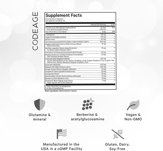 Codeage Leaky Gut, L-Glutamine For Gut Health Support, N-Acetylglucosamine Supplement, Probiotic, Butyric Acid, Polyphenols, Quercetin, Dgl, Berberine, Bioperine, Cinnamon, Vegan, Non-Gmo, 60 Capsules