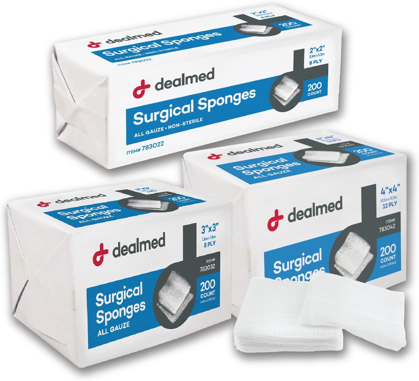 Dealmed 4" x 4" Surgical Sponges, 8-Ply, Non-Woven Absorbent Gauze Sponges for Wound Care, First Aid Kits and Medical Facilities, 200 Count (Pack of 1) : Health & Household