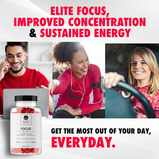 DR EMIL NUTRITION Elite Focus Supplement for Energy, Mental Clarity & Concentration - Focus Supplements for Adults with 100mg Caffeine - No-Crash Focus Vitamins