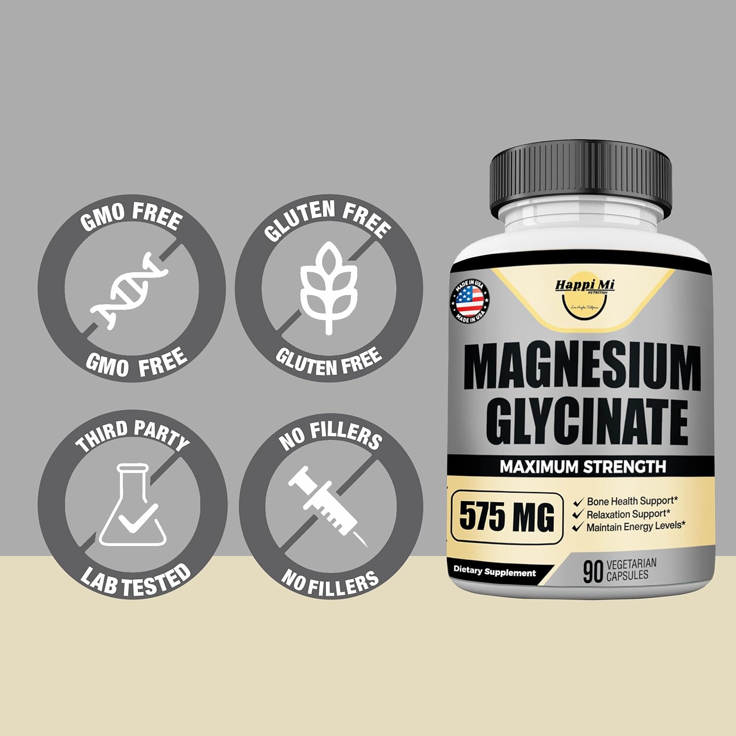 Happi Mi Nutrition Magnesium Glycinate 575Mg Per Serving, Essential Mineral Supplements, Muscle & Bone Health Support, Promote Relaxation & Balance Mood, Non-Gmo - 90 Vegan Capsule 45 Servings : Health & Household