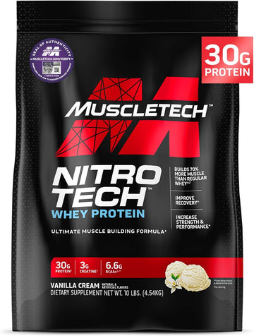 Muscletech Whey Protein Powder (Vanilla Cream, 10 Pound) - Nitro-Tech Muscle Building Formula With Whey Protein Isolate & Peptides - 30G Of Protein, 3G Of Creatine & 6.6G Of Bcaa