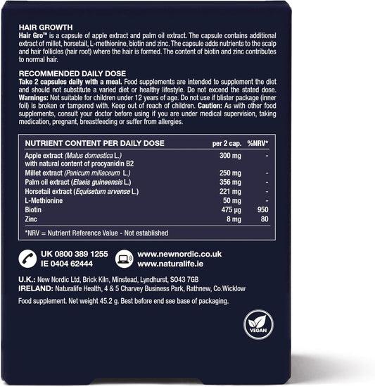 New Nordic Hair Gro - Vegan Hair Growth Supplement - Biotin, Palm Fruit Extract, & Zinc For Natural Regrowth - Swedish Made - 60 Capsules