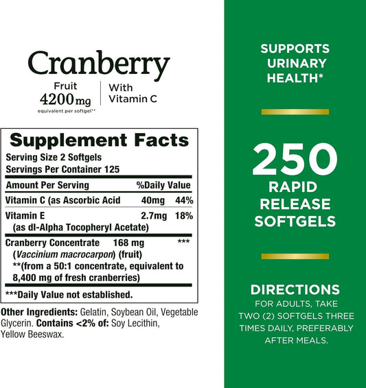 Nature'S Bounty Cranberry 4200Mg With Vitamin C, Urinary Health & Immune Support, Cranberry Concentrate, 250 Rapid Release Softgels