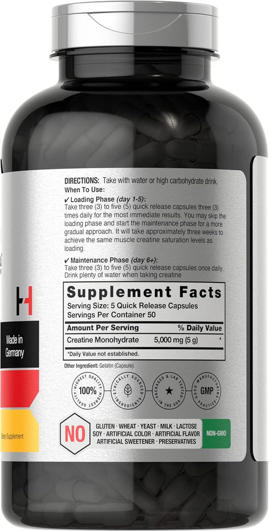 Horbäach German Creatine Monohydrate 5000Mg | 250 Capsules | Non-Gmo, Gluten Free Supplement