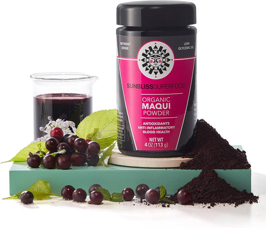 Organic Maqui Powder by Sunbliss Superfood | USDA Certified Organic and Non GMO | Freeze Dried Chilean Maqui Berry Powder | Antioxidant Rich Superfood Powder for Smoothies