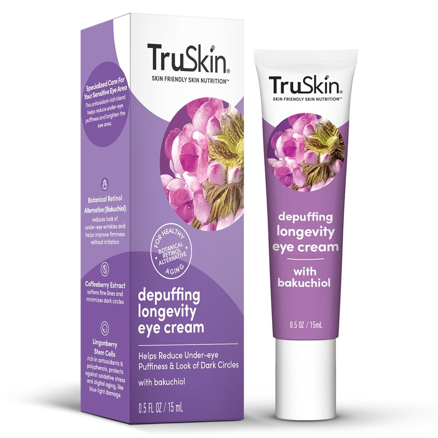 TruSkin Longevity Depuffing Eye Cream – Caffeine Eye Cream with Bakuchiol, Lingonberry Stem Cells & Coffeeberry Extract – Skin Care Made to Help Transition from Anti Aging to Healthy Aging, 0.5 fl oz