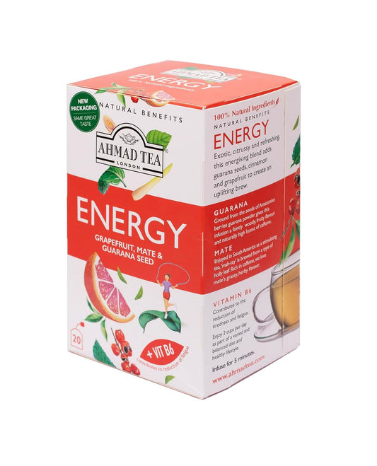 Ahmad Tea Herbal Tea, Grapefruit, Mate, Guarana Seed, & Vitamin B6 'Energy' Natural Benefits Teabags, 20 Ct (Pack Of 6) - Caffeinated & Sugar-Free