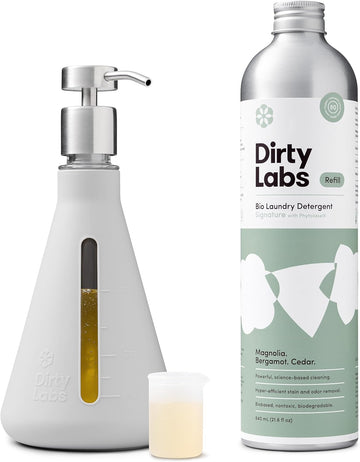 Dirty Labs | Bio-Liquid Laundry Detergent Refill & Pump Set | Signature Scent | 80 Loads (21.6 Fl Oz) & Pump | Hyper-Concentrated | High Efficiency & Standard Machine Washing | Nontoxic, Biodegradable