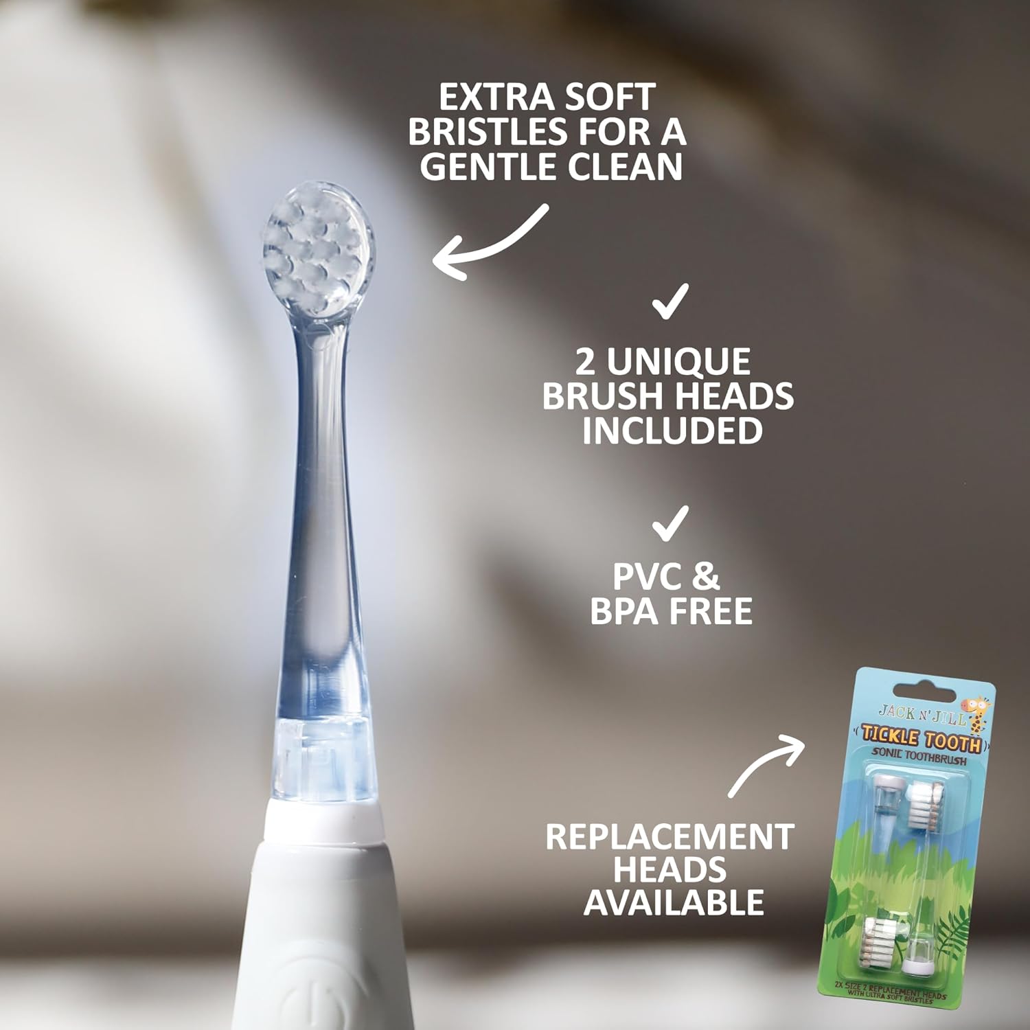 Jack N' Jill Tickle Tooth Sonic Electric Toothbrush with Replacement Head - Gentle Cleaning, Made for Tiny Teeth, LED Inspection Light, for Babies & Kids, Extra Soft Bristles - (1 Pack) : Health & Household