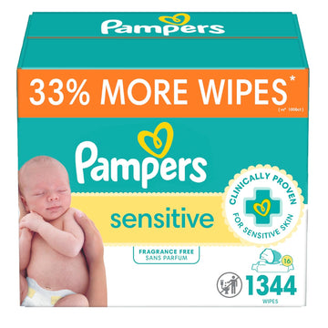 Pampers Sensitive Baby Wipes, Water Based, Hypoallergenic And Unscented, 16 Flip-Top Packs (1344 Wipes Total)