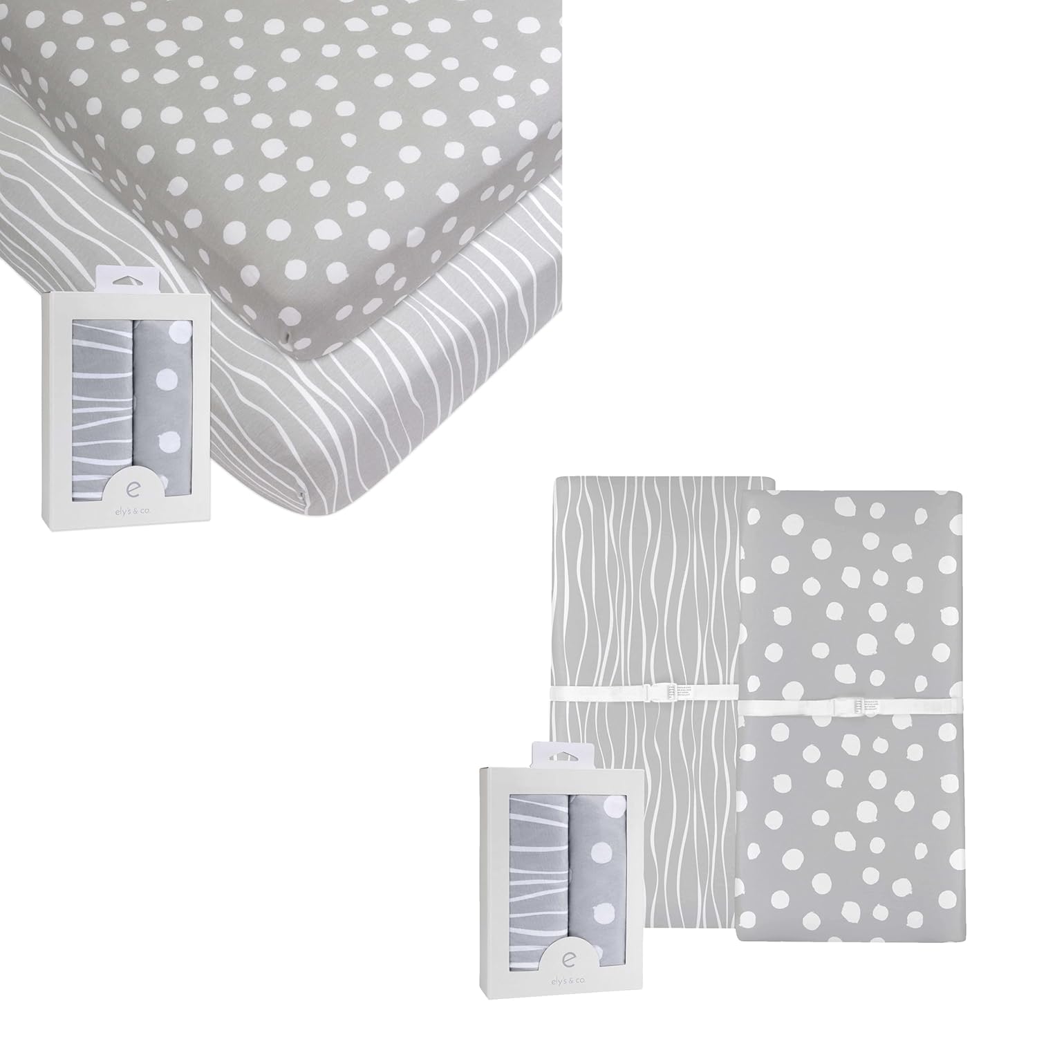 Changing Pad Cover And Crib Sheet Set Bundle (Grey Abstract Stripes And Dots Print)