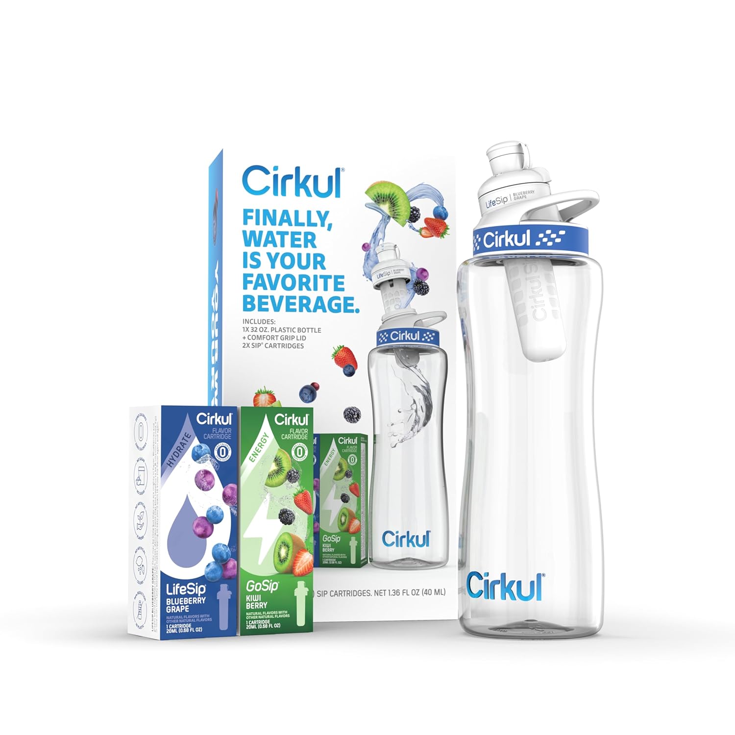 Cirkul 32Oz. Bpa-Free Plastic Water Bottle Starter Kit With Navy Lid, 2 Flavor Cartridges (1 Lifesip Blueberry Grape, 1 Gosip Kiwi Berry) Zero Calories And No Sugar