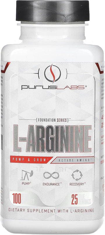 Purus Labs L-Arginine Active Amino Acid | Endurance, Pumps, & Muscle Growth | Nitric Oxide For Increased Blood Flow | 25 Servings, 100 Veggie Capsules