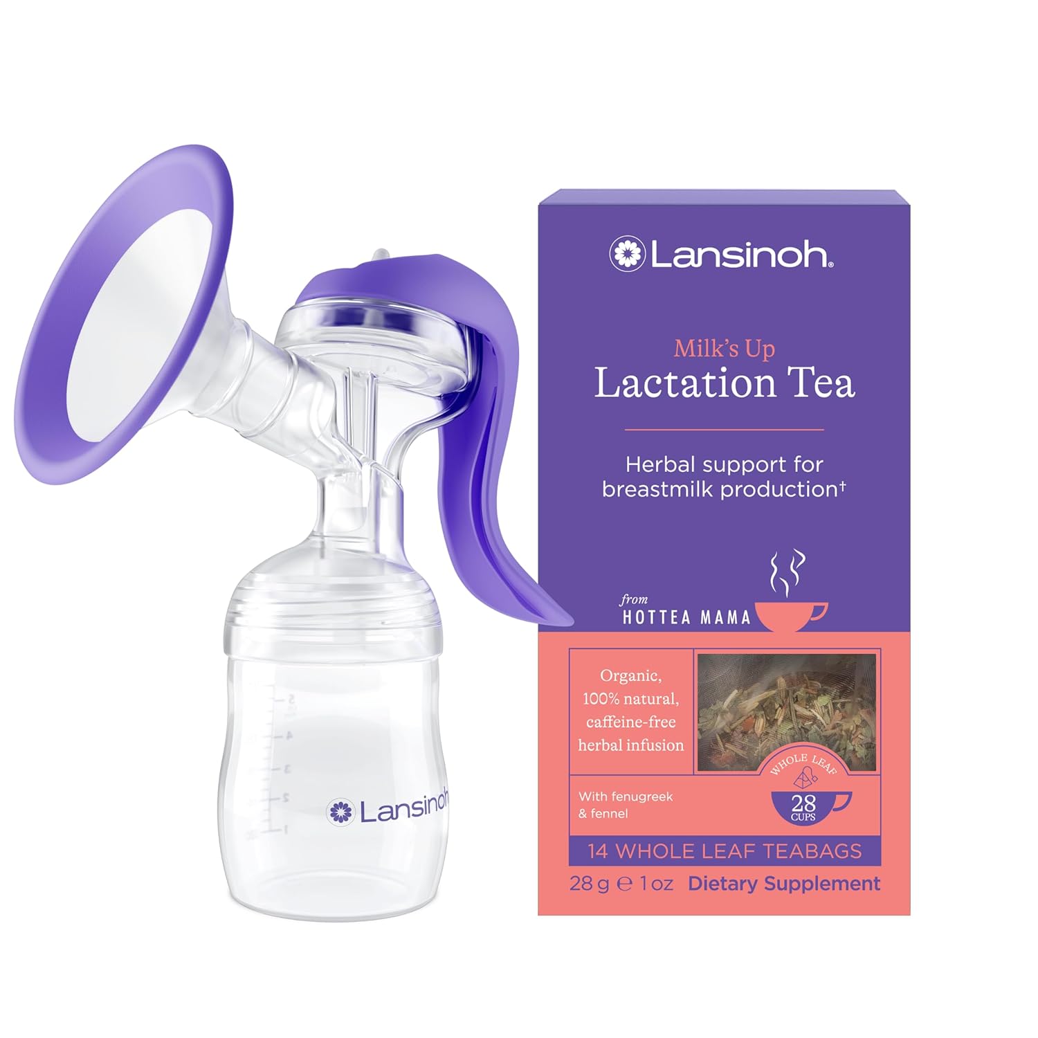 Lansinoh Tea For Two Breastfeeding Bundle, Includes A Manual Breast Pump With 5Oz Baby Bottle And 14 Bags Of Hottea Mama Milk'S Up, Lactation Support Tea, Postpartum Essentials For New Moms