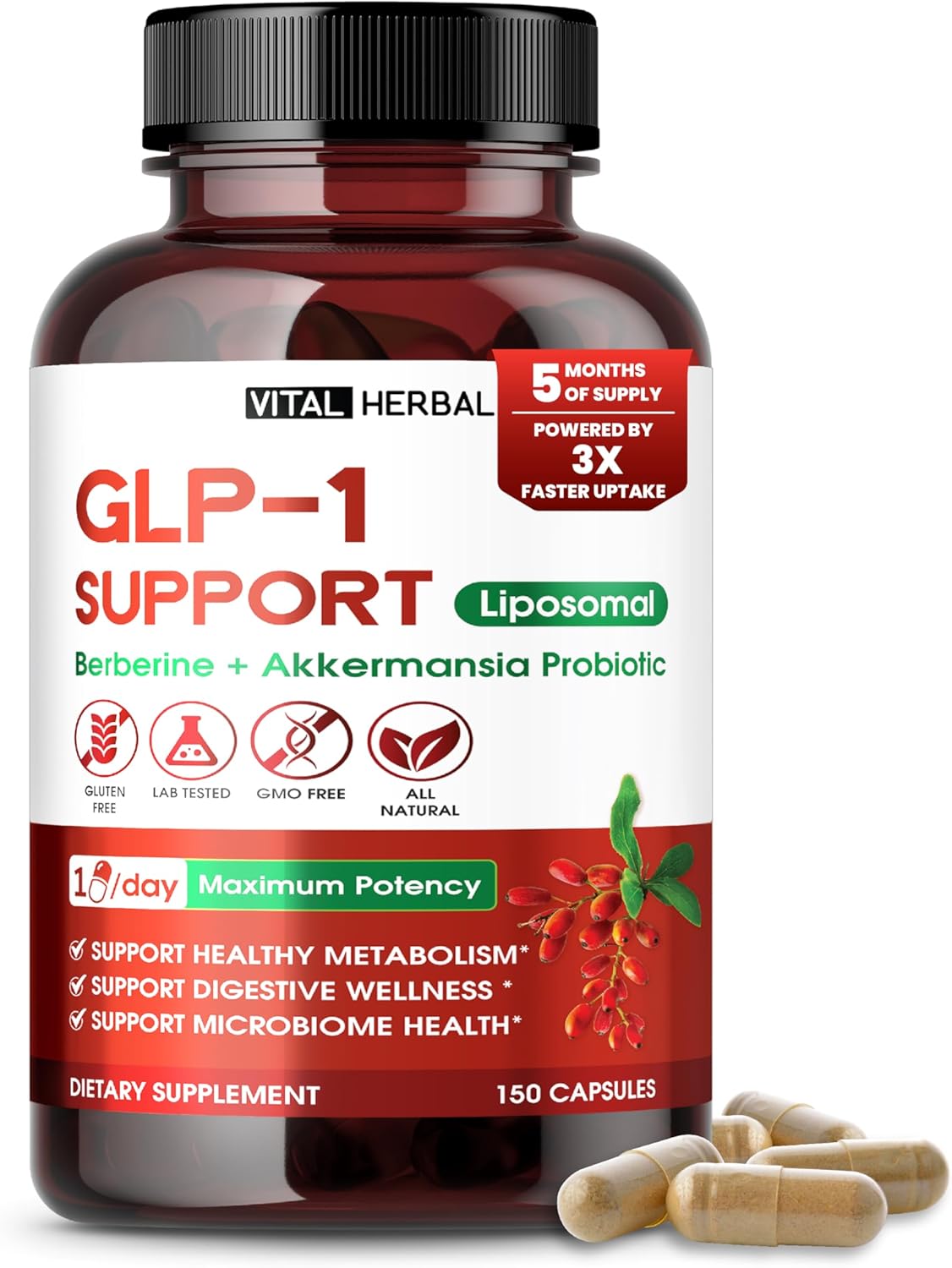Vital Herbal Liposomal Glp-1 Support With Berberine & Akkermansia Probiotic Cinnamon – Supports Metabolism, Digestion & Microbiome Health – 150 Capsules – Made In The Usa