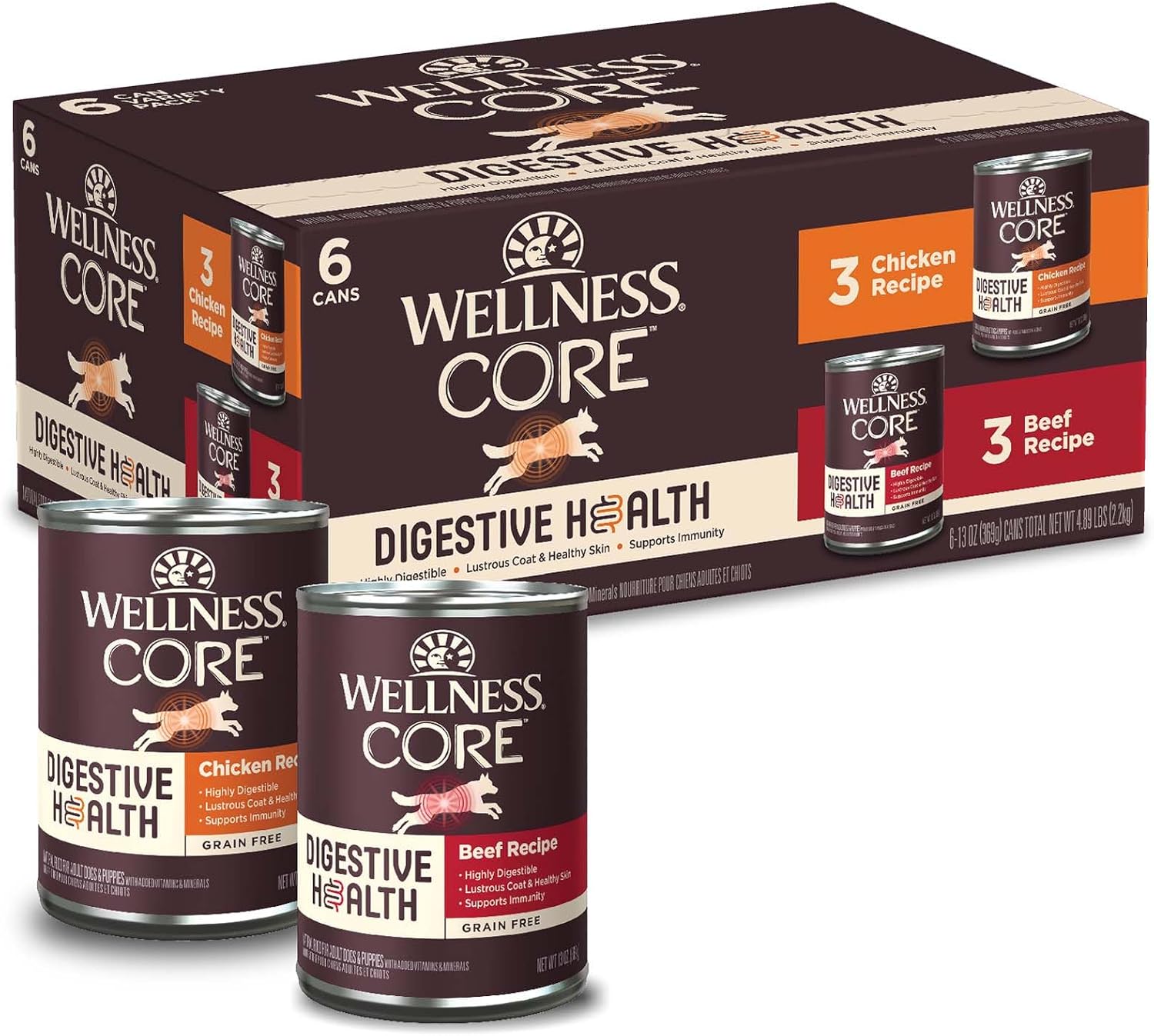 Wellness Core Digestive Health Chicken & Beef Pate Variety Pack Grain Free Wet Dog Food, 13 Ounce Can (Pack Of 6)