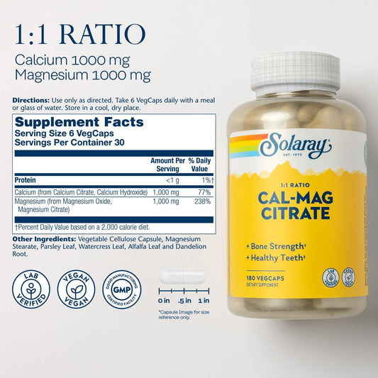 Solaray Calcium Magnesium Citrate 1:1 Ratio, Healthy Bones, Teeth, Muscle & Nervous System Support, 30 Serv, 180 Vegcaps