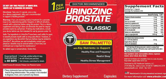 Urinozinc Classic Prostate Supplement For Men, 1 Capsule Per Day, Saw Palmetto & B Vitamins (Over 8 Month Supply, 250 Count) : Health & Household