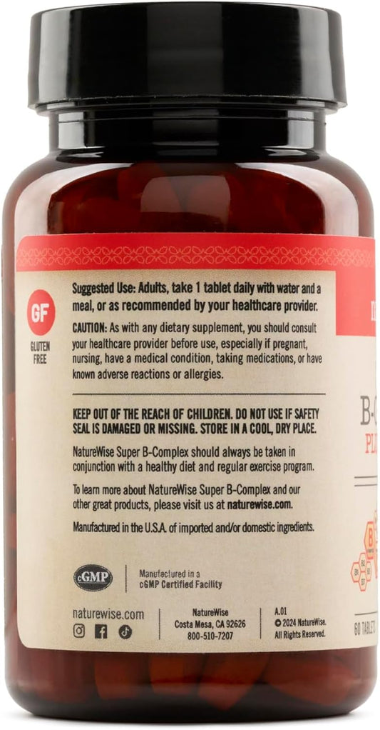 Naturewise Super Vitamin B Complex For Women And Men - With Vitamin C, Folic Acid Biotin B1 B2 B3 B6 B12 - Support Cellular Energy & Mental Clarity - Vegan, Gluten & Dairy Free, Non-Gmo - 60 Tablets