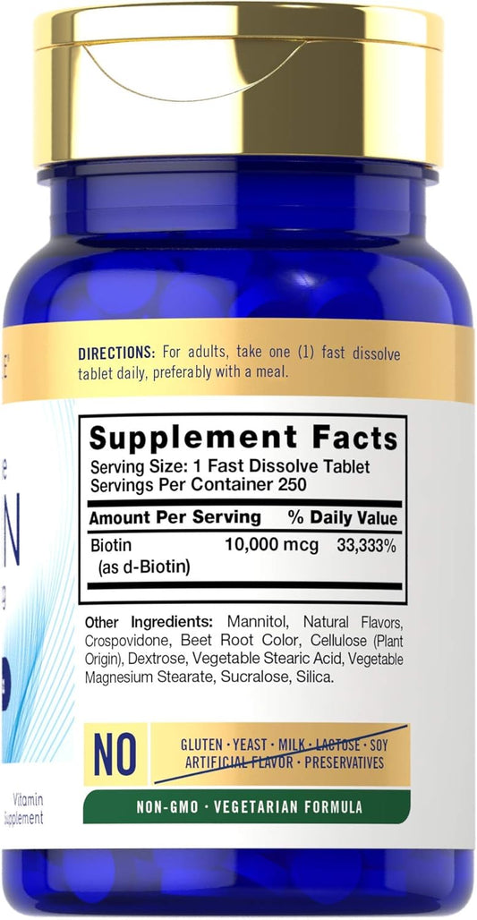 Carlyle Biotin 10000Mcg | 250 Fast Dissolve Tablets | Max Strength | Vegetarian, Non-Gmo, Gluten Free Supplement