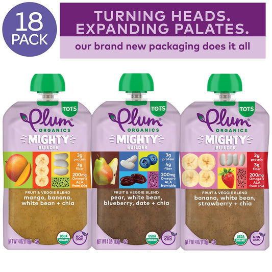 Plum Organics Mighty Builder Organic Toddler Food - Fruit And Veggie Blend Variety Pack - 4 Oz Pouch (Pack Of 18) - Organic Fruit And Vegetable Toddler Food Pouch