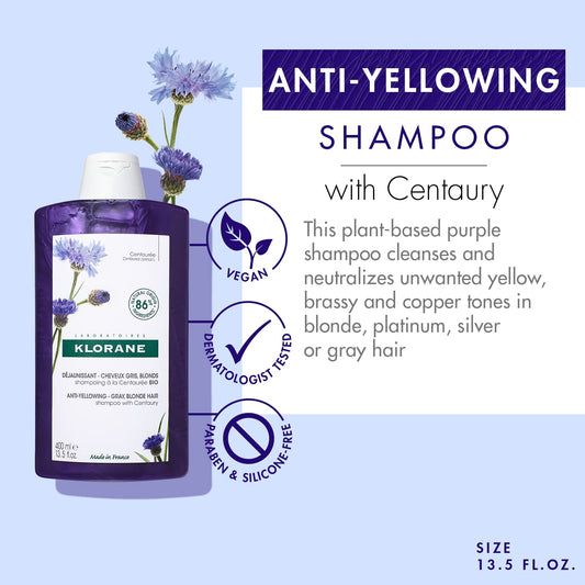 Klorane Plant-Based Purple Shampoo with Centaury, Brightens Blonde, Platinum, Silver, Gray or White Hair, Neutralizes Unwanted Yellow and Copper Tones, Paraben, Silicone and Sulfate Free