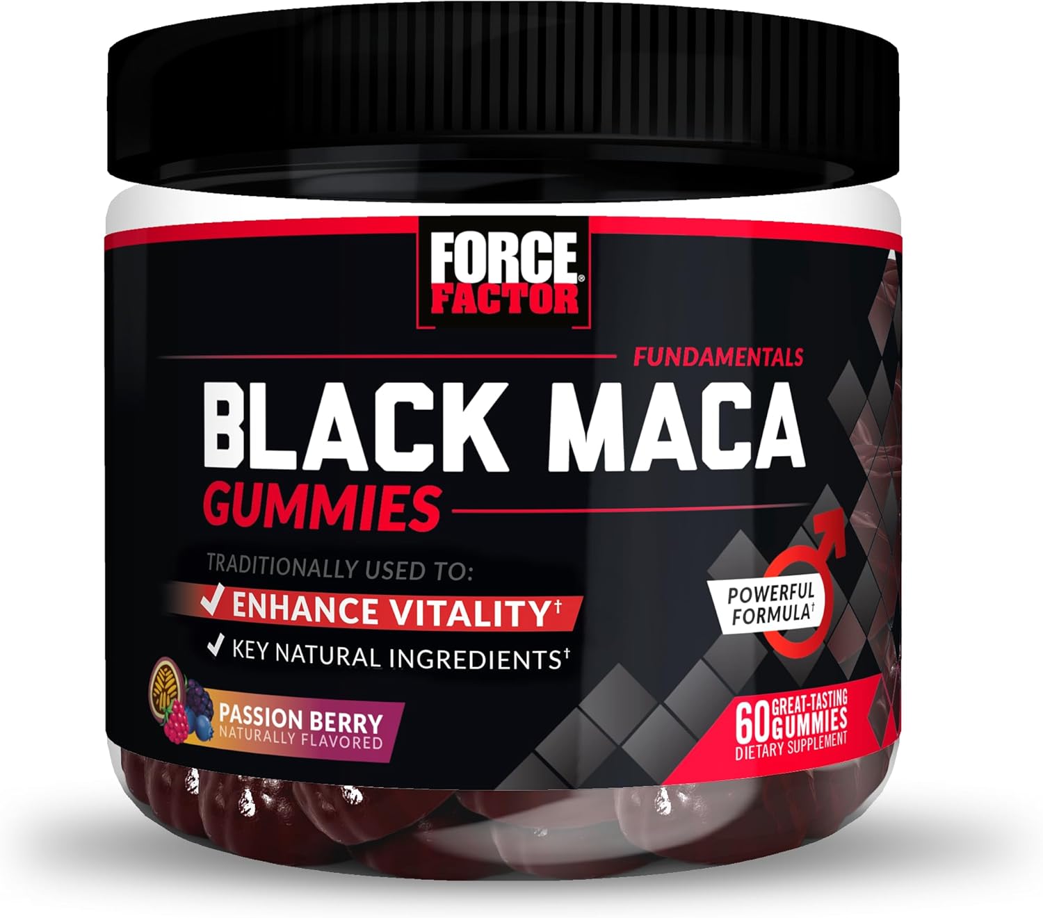 Force Factor Black Maca Gummies, Black Maca Root To Enhance Vitality In Men & Women, Increase Energy & Strength, With Bioperine For Superior Absorption, Delicious Passion Berry Flavor, 60 Gummies