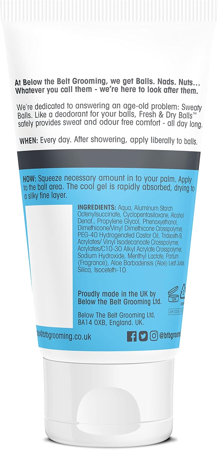 Below The Belt Grooming Fresh & Dry Ball, Intimate Deodorant And Anti Chafing Cream For Men, Protects Against Sweat, Odour And Chafing, Fresh Scent 75Ml