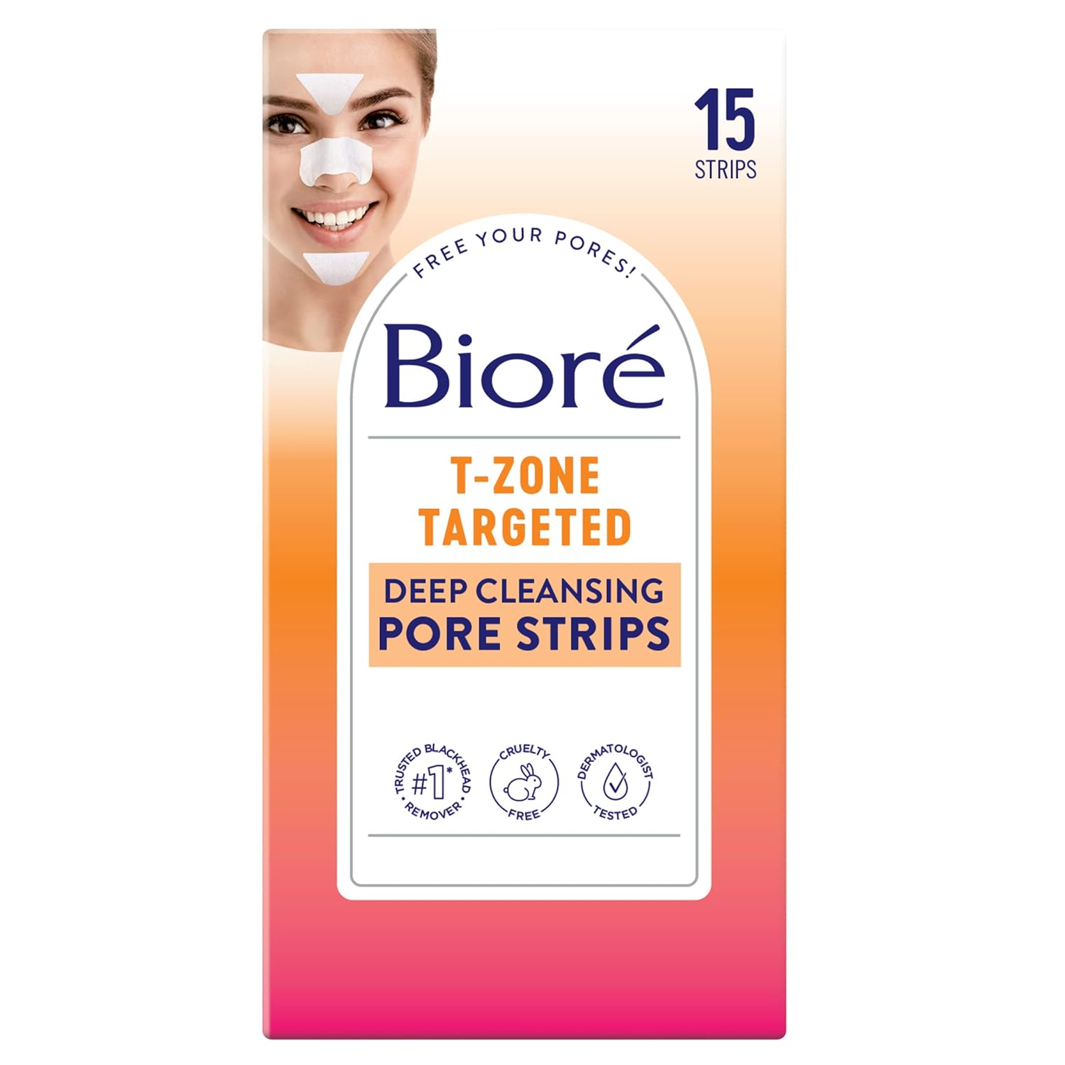 Bioré T-Zone Blackhead Remover Deep Cleansing Pore Strips, (5 Nose + 5 Face + 5 Chin Pore Strips), Blackhead Pore Strips For The T-Zone Area, 15 Count