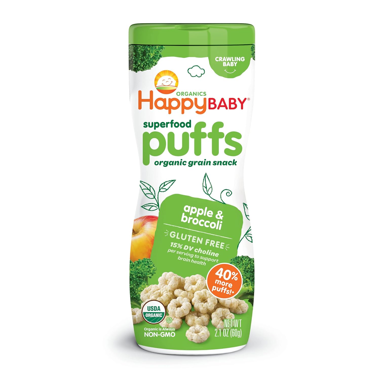 Happy Baby Organics Superfood Puffs, Apple & Broccoli, 2.1 Ounce (Pack Of 6) Packaging May Vary