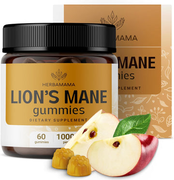 Herbamama Lion'S Mane Gummies - 1000 Mg Lion'S Mane Mushroom Brain Health Supplements For Adults - Vegan, Gelatin-Free, Non-Gmo - 60 Apple-Flavored Chews