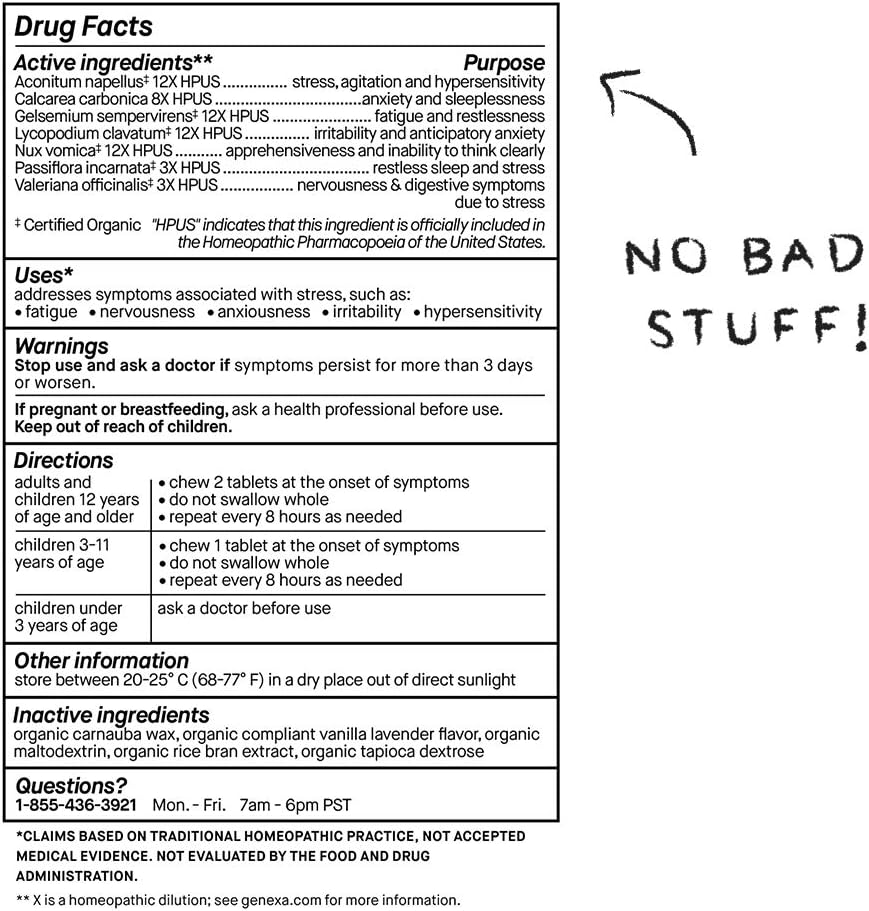Genexa Stress for Adults | Anxiety Relief & Fatigue Remedy | Soothing Natural Vanilla & Lavender Flavor | Gluten Free & Non-GMO | Homeopathic Remedy Made Clean | 60 Chewable Tablets : Health & Household