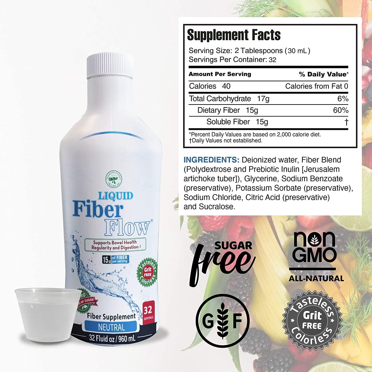 Nutritional Designs Liquid Fiber Flow, Gentle Daily Digestive Supplement For Constipation Relief & Gut Health, Sugar-Free, Natural Bowel Regularity For Healthy Intestinal Balance, Flavorless, 32 Fl Oz